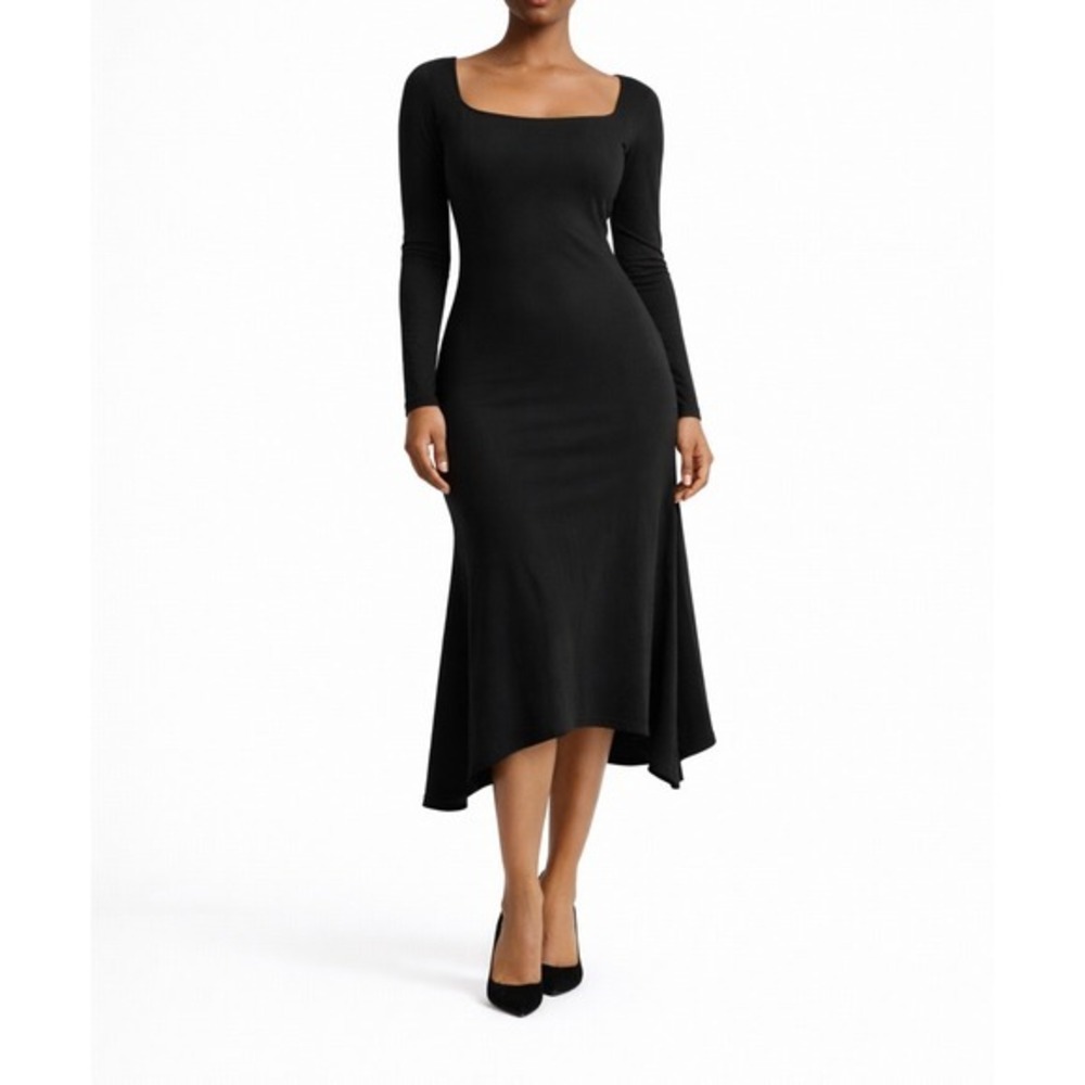 Quiet Luxury Black Midi Dress M Long Sleeve Square Neck Asymmetric Trumpet Hem